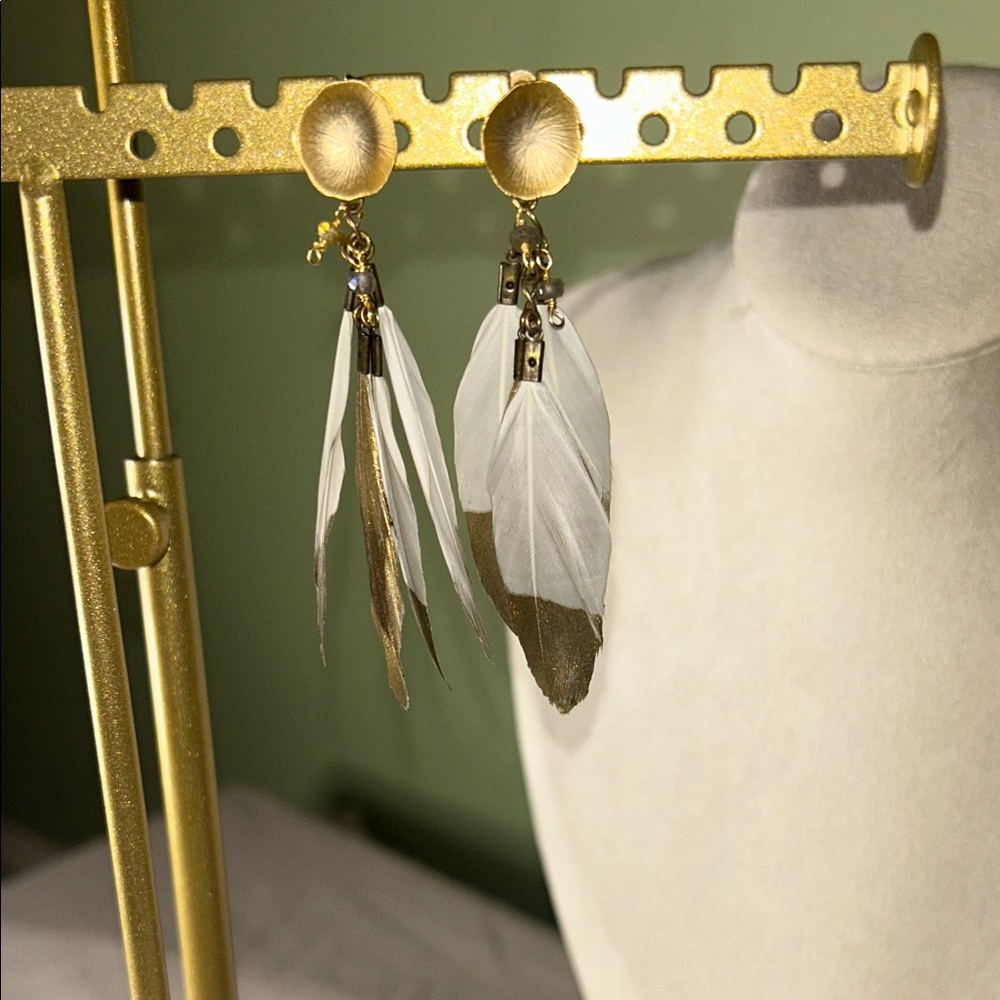 Elegant Gold and White Feather Earrings